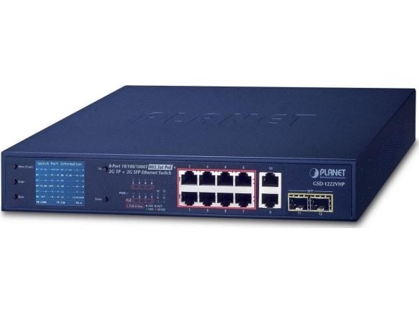 PLANET GSD-1222VHP, Uhåndtert, Gigabit Ethernet (10/100/1000), Full tosidig, Strøm over Ethernet (PoE), Rack-montering, 1U