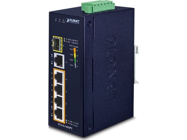 PLANET IGS-614HPT - Switch - ikke-styrt - 4 x 10/100/1000 (PoE+) + 1 x 10/100/1000 + 1 x 1000Base-X SFP - DIN-skinnemonterbar, veggmonterbar - PoE+...