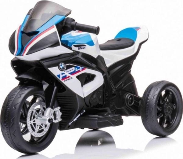 BMW HP4 batteridriven motorcykel för barn vit + 3 hjul + LED + MP3 USB + ekologiskt läder