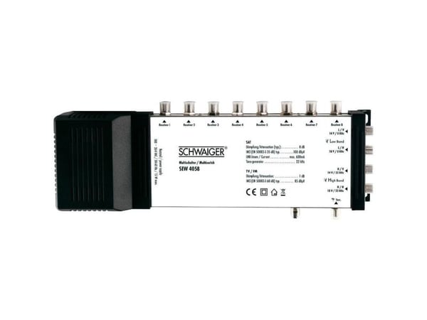 Schwaiger SEW4058531, 5 lähtöä, 8 tuloa, 950 - 2150 MHz, 47 - 862 MHz, 8 dB, 1 dB