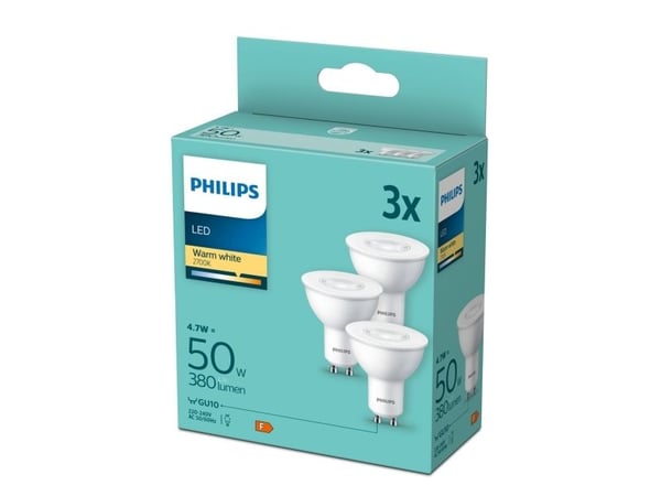 Philips - LED-pære for søkelys - form: PAR16 - klar finish - GU10 - 4.7 W (ekvivalent 50 W) - klasse F - varmt hvitt lys - 2700 K (en pakke 3)
