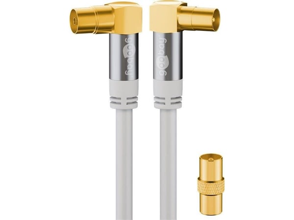 goobay - Antennekabel - IEC-forbindelse hun vinklet til IEC-forbindelse han vinklet - 5 m - firelagsskjold - 135 dB - hvid - solid