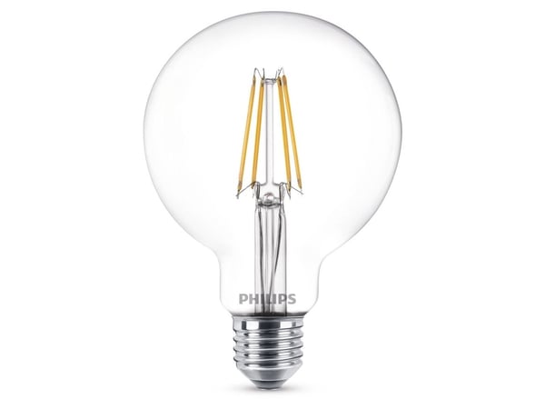 Philips - LED-lyspære - form: globus - klar finish - E27 - 7 W (ekvivalent 60 W) - klasse A++ - varmt hvitt lys - 2700 K