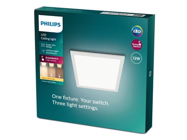Philips Funksjonell Panel-taklampe, 12 W, kvadratisk, LED, IP20, Hvit