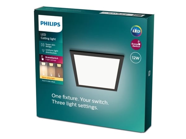 Philips Funksjonell Panel-taklampe, 12 W, kvadratisk, LED, IP20, Svart