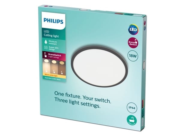 Philips Funksjonell Super Slim-taklampe, 18 W, LED, 1500 lm, IP44, Svart
