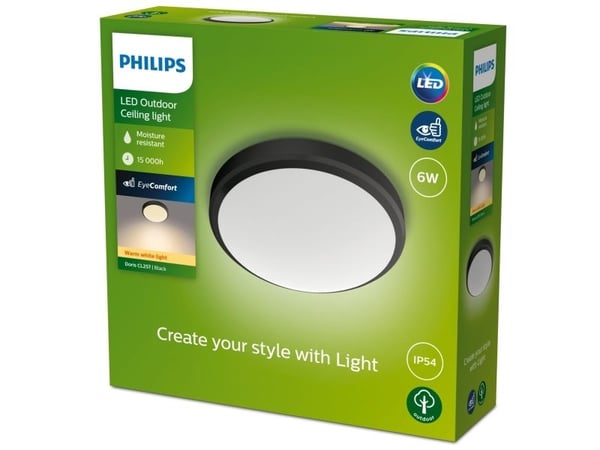 Philips Doris-taklampe, 6 W, Svart, Metall, Plast, IP54, Terrasse, Hage, I, Tidsriktig