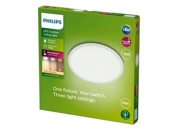 Philips Superslim-taklampe, 15 W, Hvit, Metall, Plast, IP54, Terrasse, Hage, II, Tidsriktig