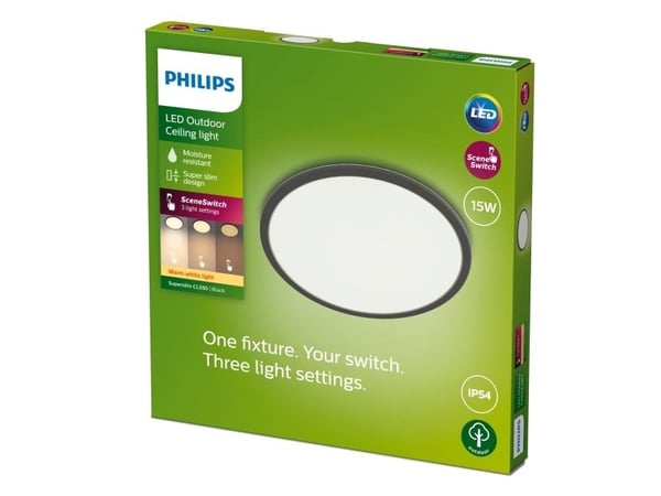 Philips Superslim-taklampe, 15 W, Svart, Metall, Plast, IP54, Terrasse, Hage, II, Tidsriktig