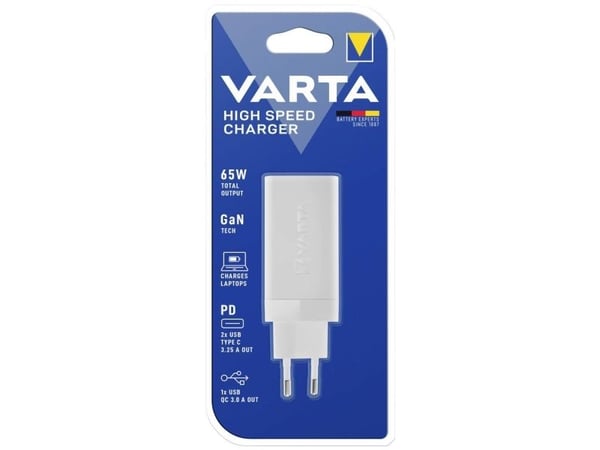 Varta - Strømadapter - 65 watt - 3.25 A - PD, QC 3.0 - 3 utgangskontakter (2 x USB-C, USB)