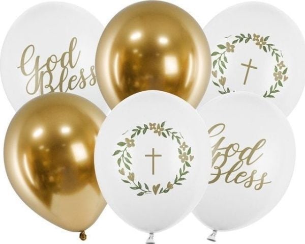 PartyDeco hvite og gullfargede latexballonger til dåp/kommunion