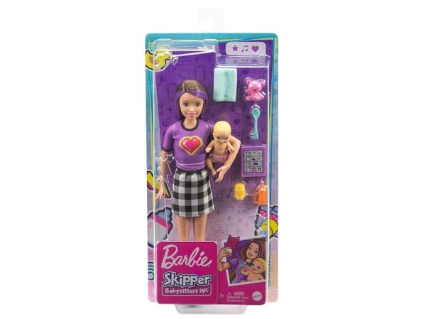 Barbie Mattel Skipper: Klubb for pleiere - pleier med lilla hår + baby (GRP10/GRP11)