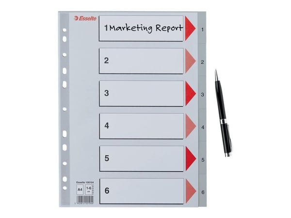 Esselte - Inndeler - fortrykt: 1-6 - for A4 (210 x 297 mm) - med fliker - grå