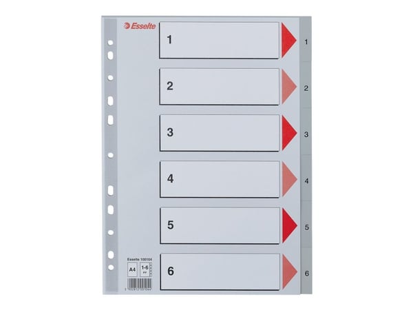 Esselte - Inndeler - fortrykt: 1-6 - for A4 (210 x 297 mm) - med fliker - grå