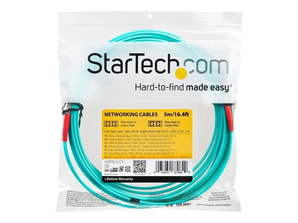 Startech Aqua OM4 Duplex Multimode Fiber - 16 ft / 5m - 100 Gb - 50/125 - OM4 Fiber - LC to LC Fiber Patch Cable (450FBLCLC5) - Nettverkskabel - LC...