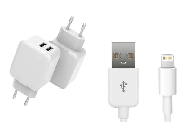 CoreParts - Strømadapter - 12 watt - 2.4 A - 2 utgangskontakter (USB) - på kabel: Lightning - hvit - med Lightning til USB-kabel (2 m)