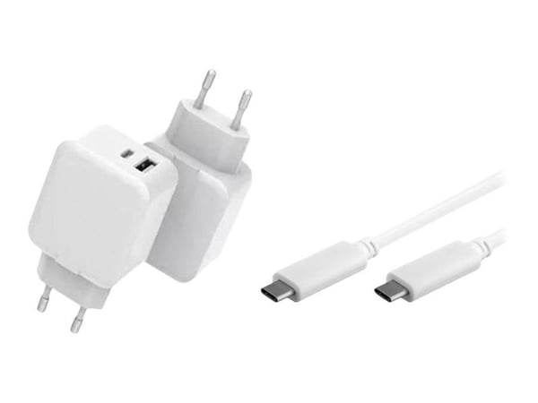CoreParts - Strømadapter - 30 watt - 3 A - PD, QC 3.0 - 2 utgangskontakter (USB, USB-C) - på kabel: USB-C - hvit - med USB-C-kabel (1m)
