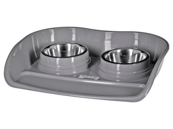 Sett: 2x skål 0,4L rustfritt stål + dekkeunderlag for hunder og katter, grå, 46x35x9cm