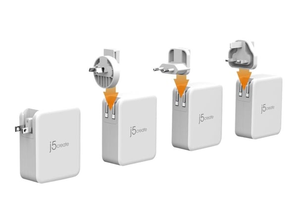 j5create JUP43130 - Strømadapter - 130 watt - 5 A - PD 3.0, QC 4.0 - 4 utgangskontakter (3 x USB-C, USB-type A) - hvit, grå