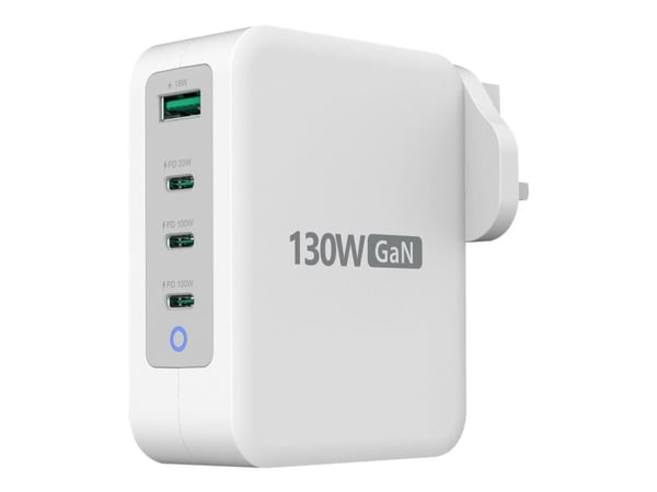 j5create JUP43130 - Strømadapter - 130 watt - 5 A - PD 3.0, QC 4.0 - 4 utgangskontakter (3 x USB-C, USB-type A) - hvit, grå