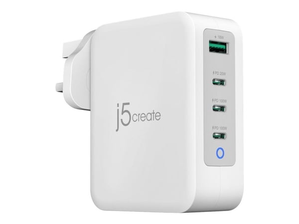 j5create JUP43130 - Strømadapter - 130 watt - 5 A - PD 3.0, QC 4.0 - 4 utgangskontakter (3 x USB-C, USB-type A) - hvit, grå