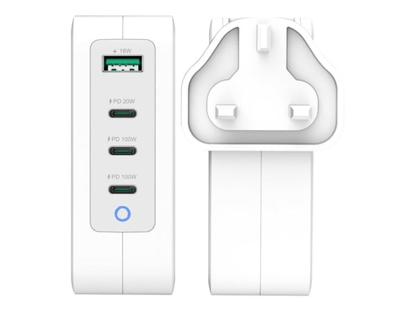 j5create JUP43130 - Strømadapter - 130 watt - 5 A - PD 3.0, QC 4.0 - 4 utgangskontakter (3 x USB-C, USB-type A) - hvit, grå