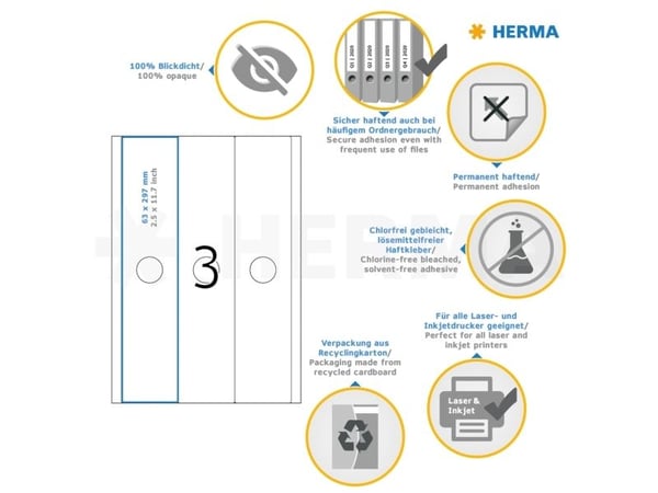 HERMA 5167, Hvit, Avrundet rektangel, Permanent, A4, Papir, Matte