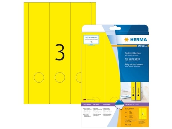 HERMA 5136, Gult, Selvklebende skriveretikett, A4, Papir, Laser/Blekkskriver, Permanent