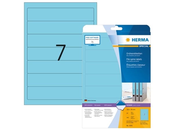 HERMA 5093, Blå, Selvklebende skriveretikett, A4, Papir, Laser/Blekkskriver, Permanent