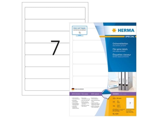 HERMA Special - Papir - matt - permanent selv-adhesiv - hvit - 192 x 38 mm 700 etikett(er) (100 ark x 7) opake arkivmappeetiketter