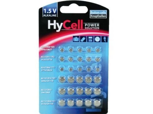HyCell 5015473, Engangsbatteri, LR60, LR66, LR41, LR43, LR44, LR54, Alkalinsk, 1,5 V, 30 stykker, Sølv