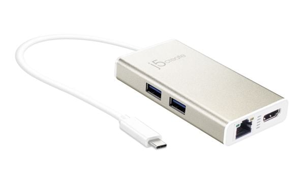 j5create JCA374-N USB-C® Multi-Adapter, Langallinen, USB Type-C, 60 W, 10,100,1000 Mbit/s, Kulta, Valkoinen, Metallic Champagne