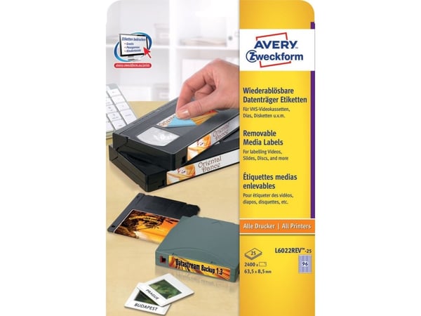 Avery L6022REV - Hvit - 8.5 x 63.5 mm 2400 stk (25 ark x 96) flyttbare datalageretiketter