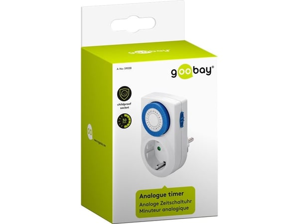 Goobay 59038, Päivittäinen ajastin, Valkoinen, Rotaatio, 30 min, IP20, WEEE, GS: TÜV Süd