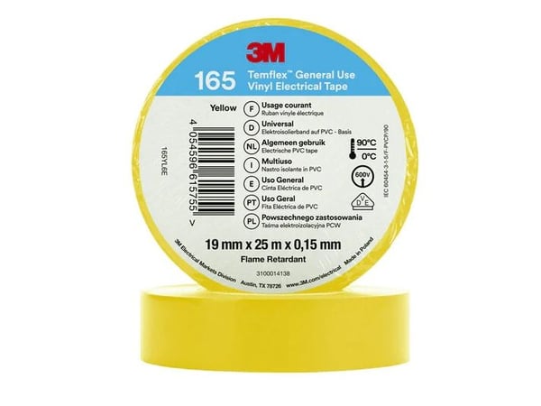 3M 165YL6E, 1 stykker, Gult, PVC, 600 V, Blister, 25 m 3M 165YL6E, 1 stykker, Gult, PVC, 600 V, Blister, 25 m