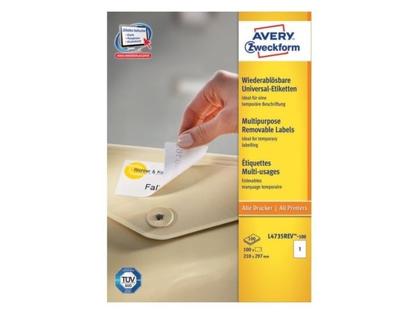 Avery L4735REV-100, Vit, Rundad rektangel, Lösa, A4, papper, Universal