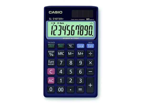 Casio SL-310TER+, Tasku, Perus, 10 lukua, 1 linjat, Akku/Aurinko, Sininen