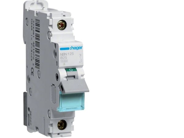 Hager NBN125, 50 - 60 Hz, 25 A, 1P, 17,5 mm, 70 mm, 83 mm Hager NBN125, 50 - 60 Hz, 25 A, 1P, 17,5 mm, 70 mm, 83 mm