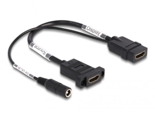 Delock - HDMI-adapter - HDMI, DC-plugg 5,5 x 2,1 mm hunn til HDMI hunn - 30 cm - svart - støtter 4K 60 Hz (3840 x 2160) (87038)
