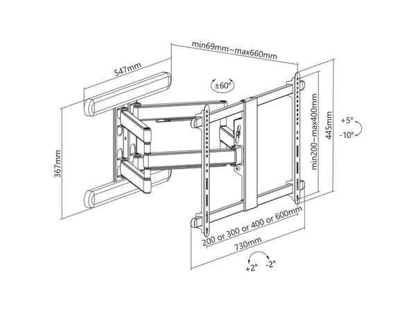 InLine 23118W, 200 x 200 mm, 600 x 400 mm, -10 - 5°, -90 - 90°, Aluminium, Hvit InLine 23118W, 200 x 200 mm, 600 x 400 mm, -10 - 5°, -90 - 90°, Aluminium, Hvit