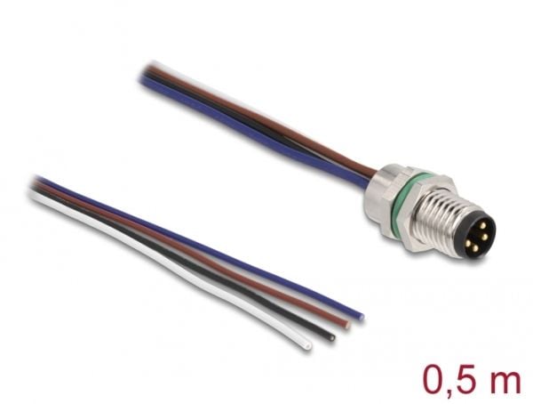 Delock - Verkkokaapeli - 4-nastainen M8 (uros) avoimeen päähän - 0,5 m - 4,6 mm - IP67 - musta