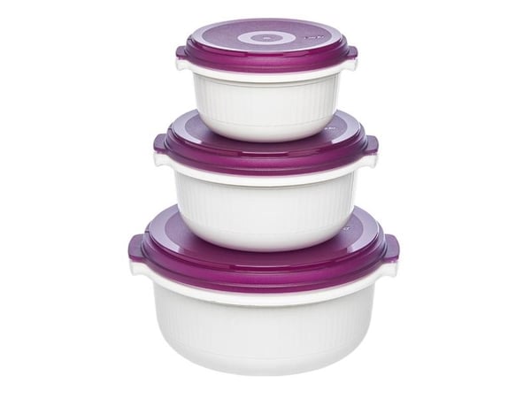 Emsa MICRO FAMILY mikrobølgeovn gryte startsett 3-delt, tinn (hvit/lilla, 3 gryter, 3 lokk)