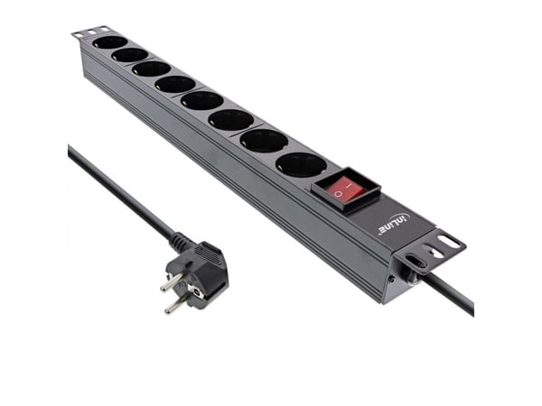 InLine 16418S, 8 AC-utganger, Type F, 3680 W, 1,5 mm², Type F (Schuko), Svart