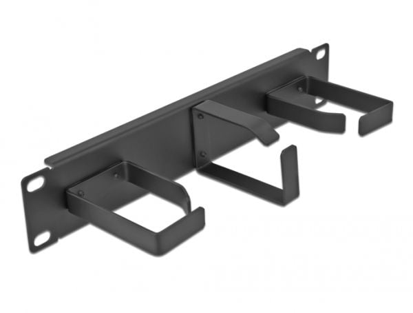 Delock - Panel for kabelhåndtering - med 3 metallkroker (2 x horisontal, 1 x vertikal) - skapmonterbar - svart - 1U - 10"