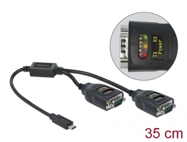Delock Adapter USB Type-C to 2 x Serial RS-232 DB9 with 15 kV ESD protection - Seriell adapter - USB-C - RS-232 x 2