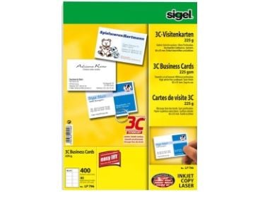 Sigel Business Card 3C LP796 - Sterkt hvitt - 85 x 55 mm - 225 g/m² - 400 kort (40 ark x 10) visittkort