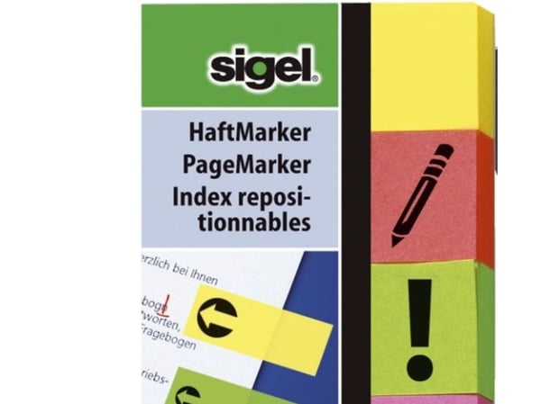 Sigel PageMarker Symbol - Sidemarkør - 20 x 50 mm - 160 ark - gul, rosa, grønn, oransje