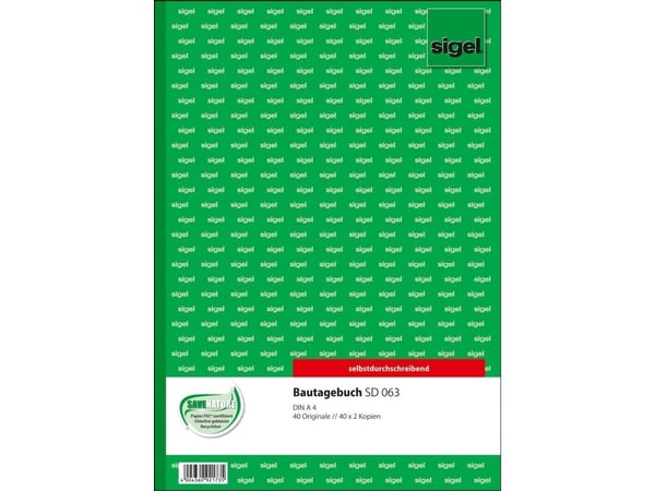 Sigel - Byggarens dagbok - 40 ark - A4 (210 x 297 mm) - tredubbla - självkopierande