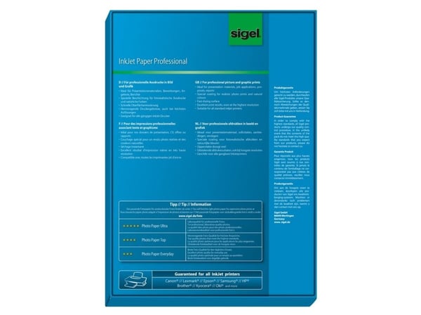 Sigel IP288, Inkjet-utskrift, A4 (210x297 mm), Matte, 200 ark, 95 g/m², Hvit