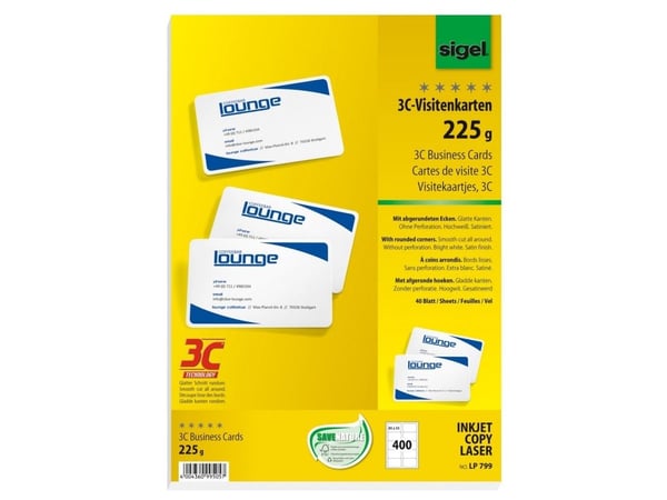 Sigel LP799 - Sterkt hvitt - 85 x 55 mm - 225 g/m² - 400 kort (40 ark x 10) visittkort